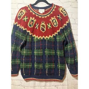 Nicole Winter Sweater M Red Green Plaid‎ Heraldic Crest VINTAGE Knit Crewneck